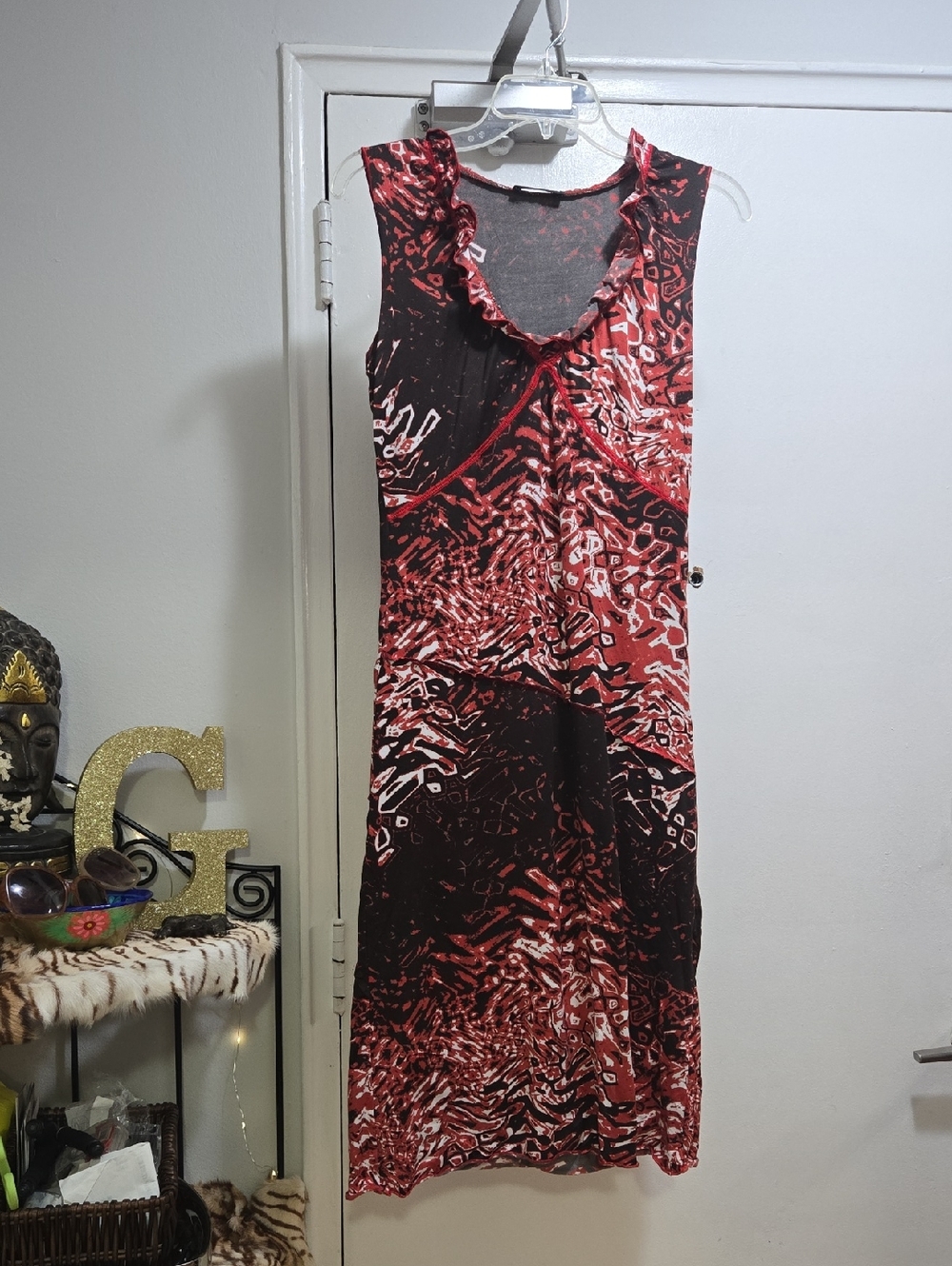 Red & Black Printed Sleeveless Maxi Dress with Ruffle Neck Acidtrip Liquid